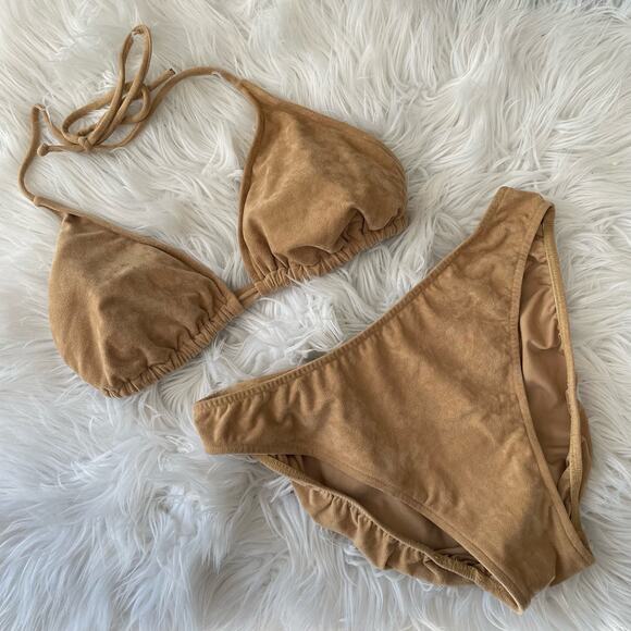 Vintage Tan Faux Suede Halter Triangle High Cut Bikini Swimsuit Boho Western - Picture 1 of 8